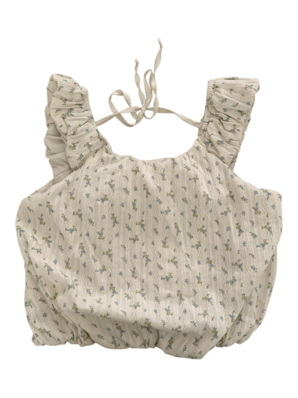 Y2K Coquette Passport Cream Floral Ruffled Crop Top with Blue & Green Accents